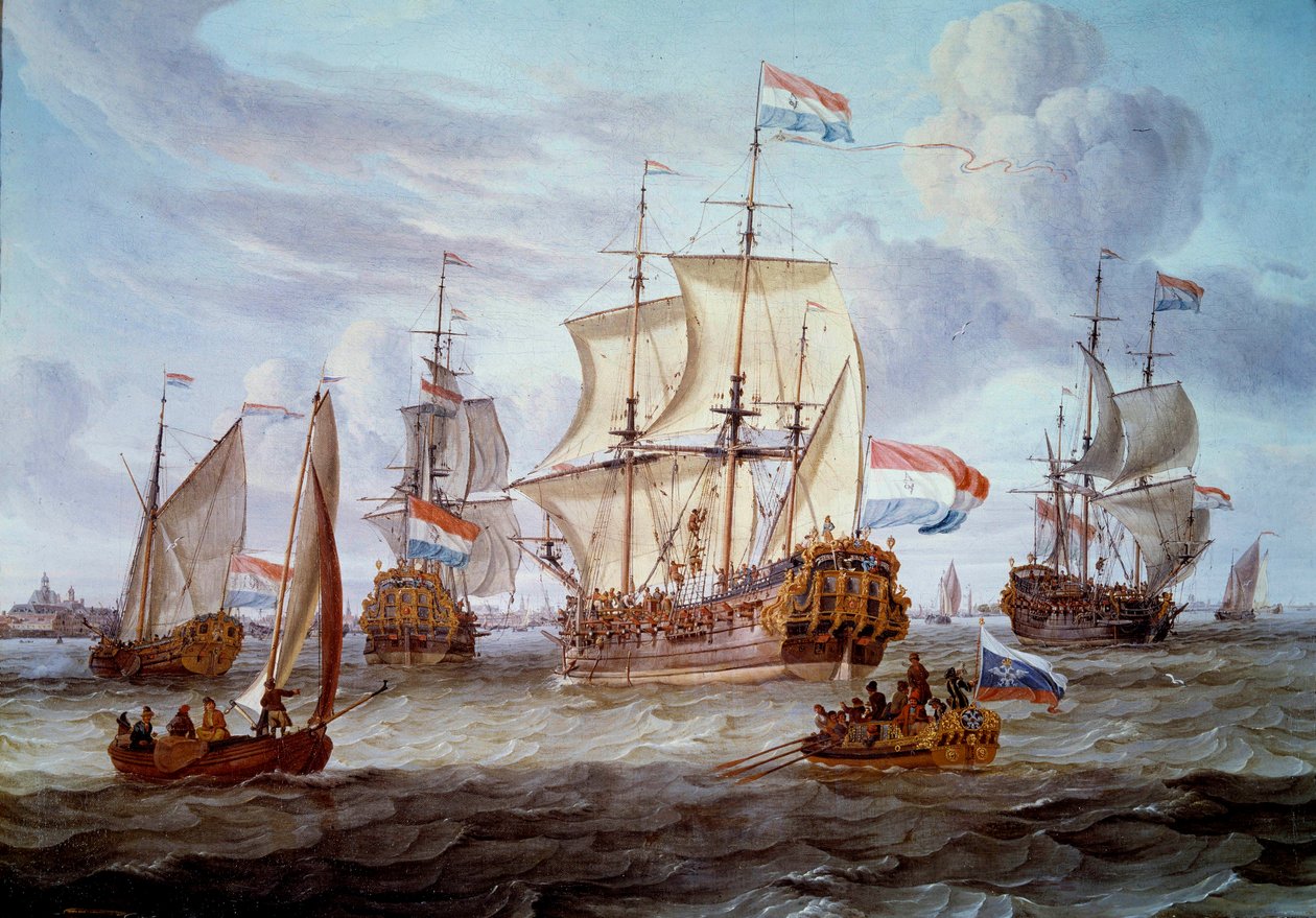 阿姆斯特丹港的 Fregate Peter 和 Paul 绘画由 Abraham Storck (1635-1710) 17 世纪阿姆斯特丹绘制。 海洋历史博物馆 作者 亚伯拉罕·斯托克