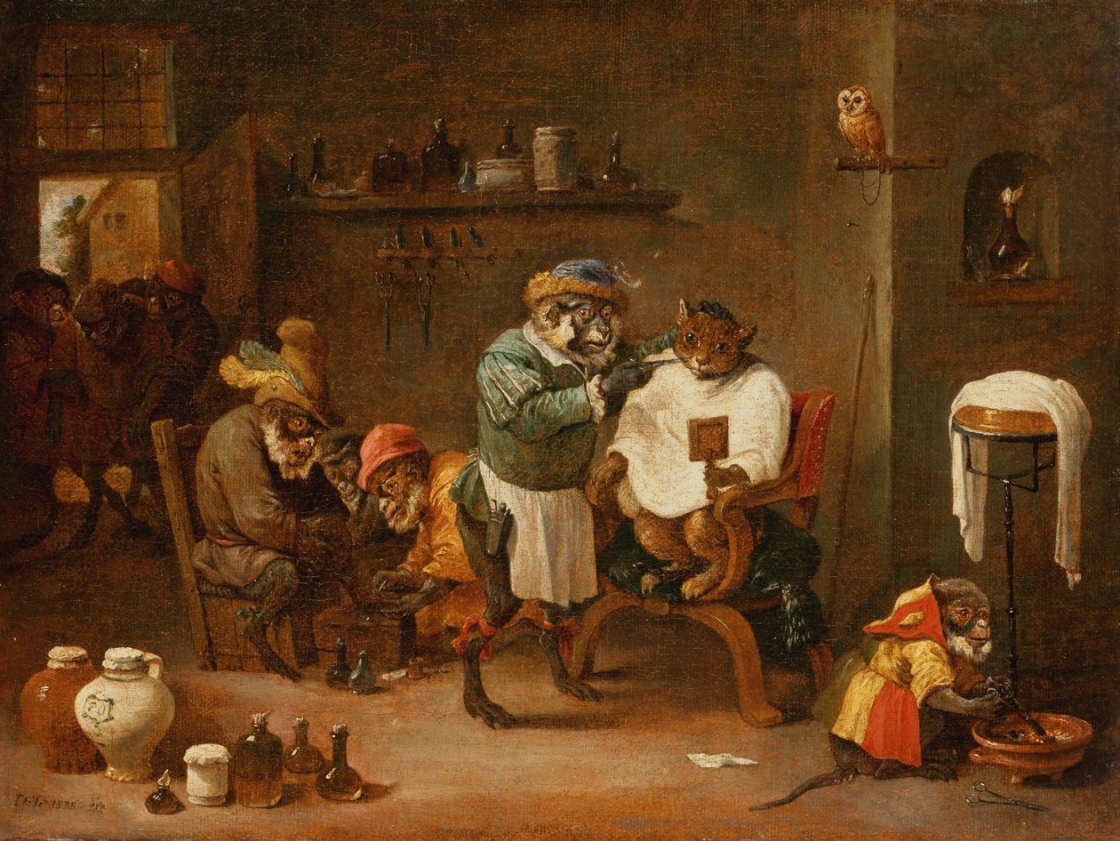 猴子开的理发店里的一只猫（布面油画） 作者 亚伯拉罕·特尼尔（Abraham Teniers）