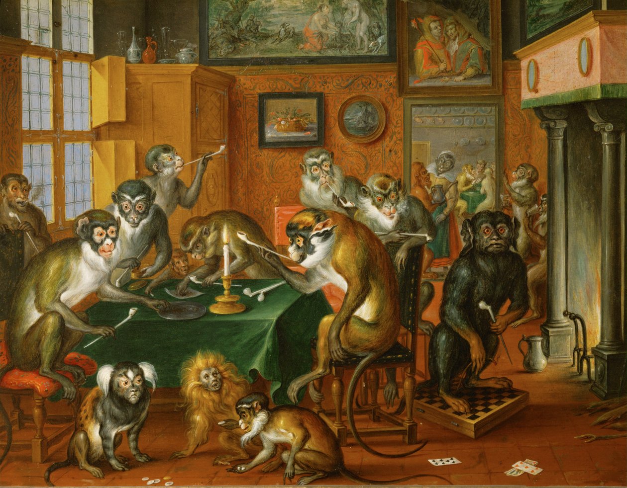 Tabakskollegium von Affen -猴子的吸烟聚会......（铜板油画） 作者 亚伯拉罕·特尼尔（Abraham Teniers）