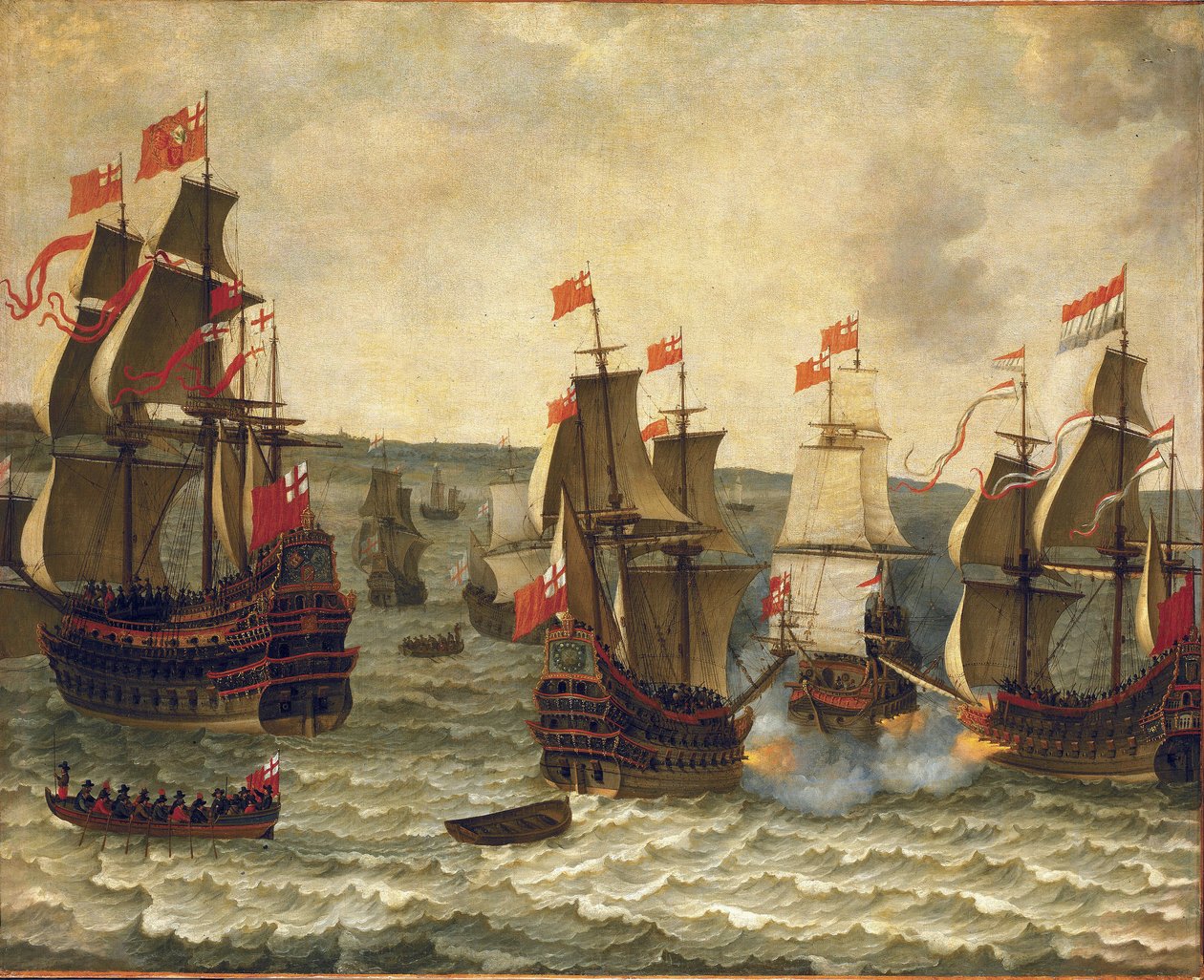 荷兰和英国船只之间的海战，1652-1654 年第一次英荷战争（英荷战争）的插曲。Abraham Willaerts（1603-1669 年）创作的木板油画。 作者 亚伯拉罕·威拉特斯