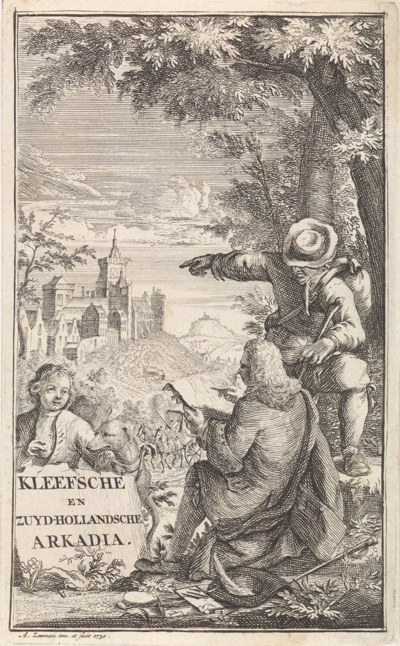 旅行者绘制克莱夫斯城
扉页：C. Bruin，《Kleefsche en Zuid-Hollandsche Arkadia》（......），1730 年 作者 亚伯拉罕·泽曼