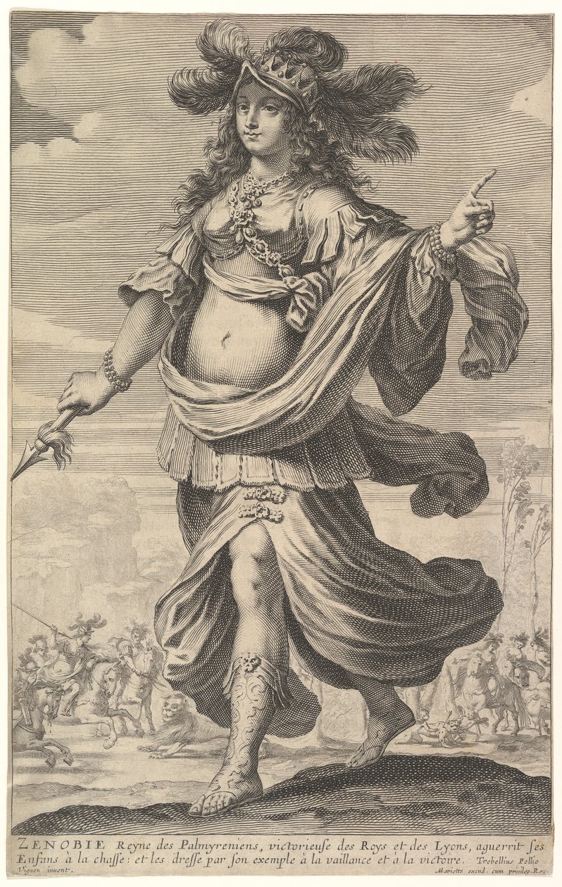 泽诺比娅，来自皮埃尔-勒莫内的《强大女性画廊》的插图，约1647年（蚀刻和雕刻）。 作者 亚伯拉罕和鲁塞莱特·吉尔斯·博斯
