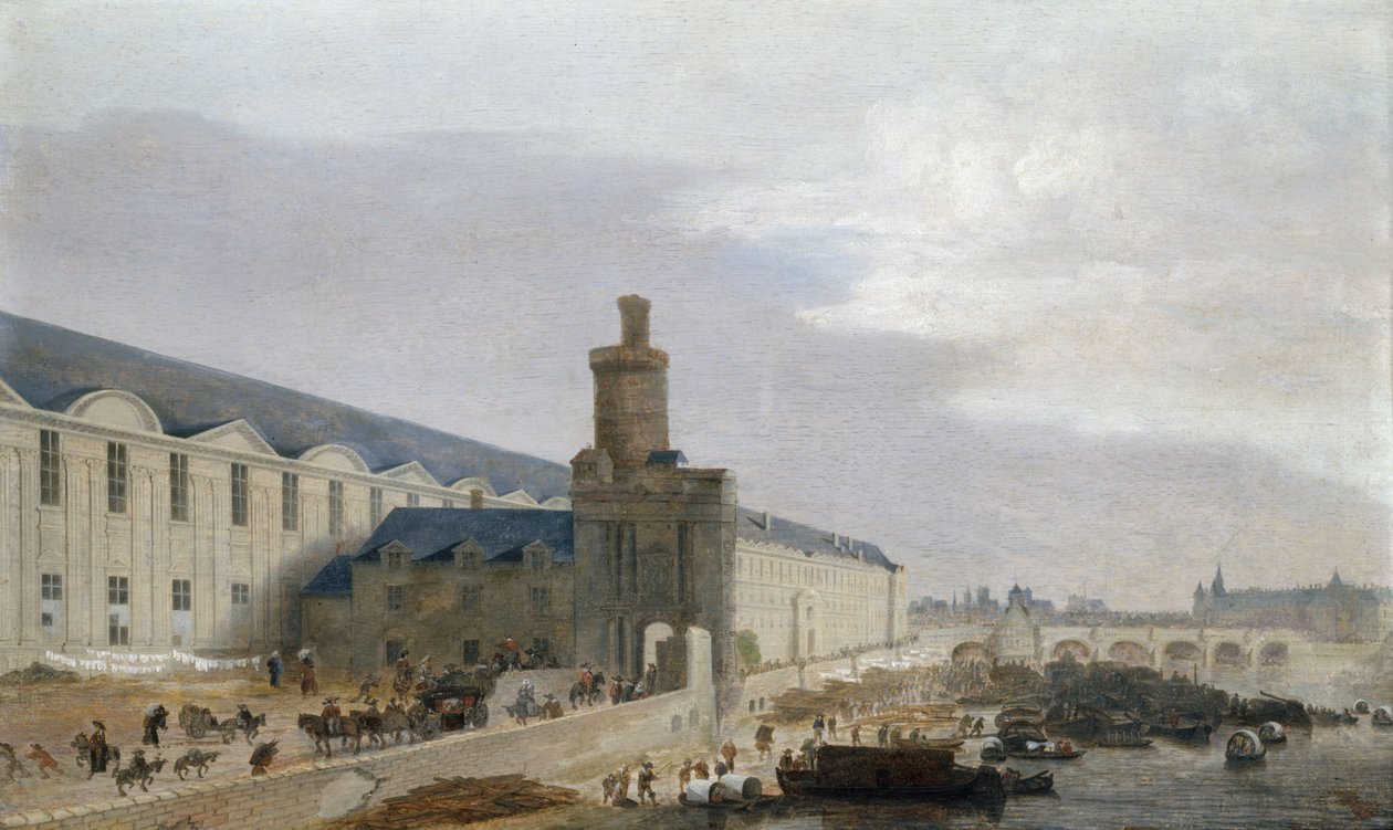 法语：La Grande Galerie du Louvre avec la porte Neuve et la tour de Bois 俯瞰卢浮宫大画廊、Tour de Bois 和新桥的巴黎景色 作者 亚伯拉罕·德·韦维尔