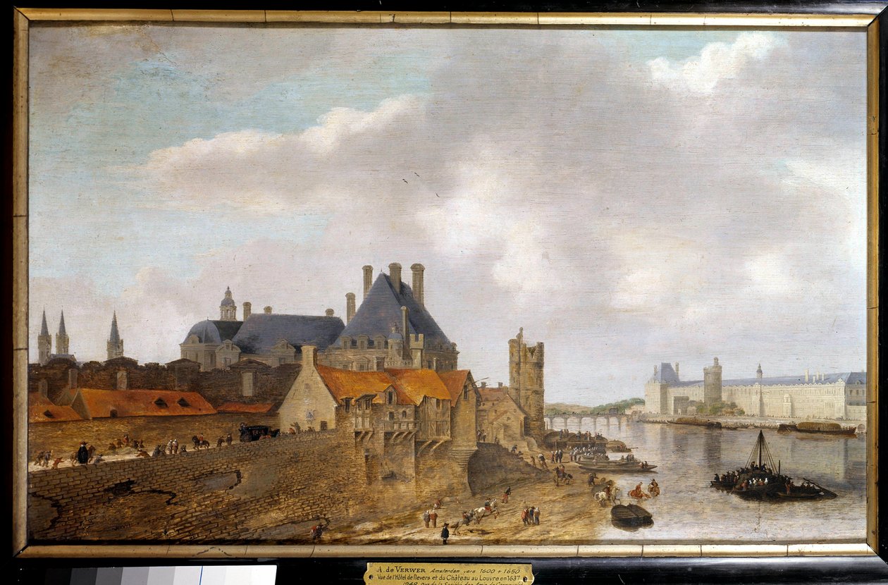 从 Pont Neuf 绘画中看到的讷韦尔酒店、Nesles 塔和卢浮宫 Grande Galerie du Chateau du Louvre 的景色，Abraham de Verwer (1600-1650) 1637 Sun。 0.37 x 0.59 m 巴黎，Musee Carnavalet 作者 亚伯拉罕·德·韦维尔