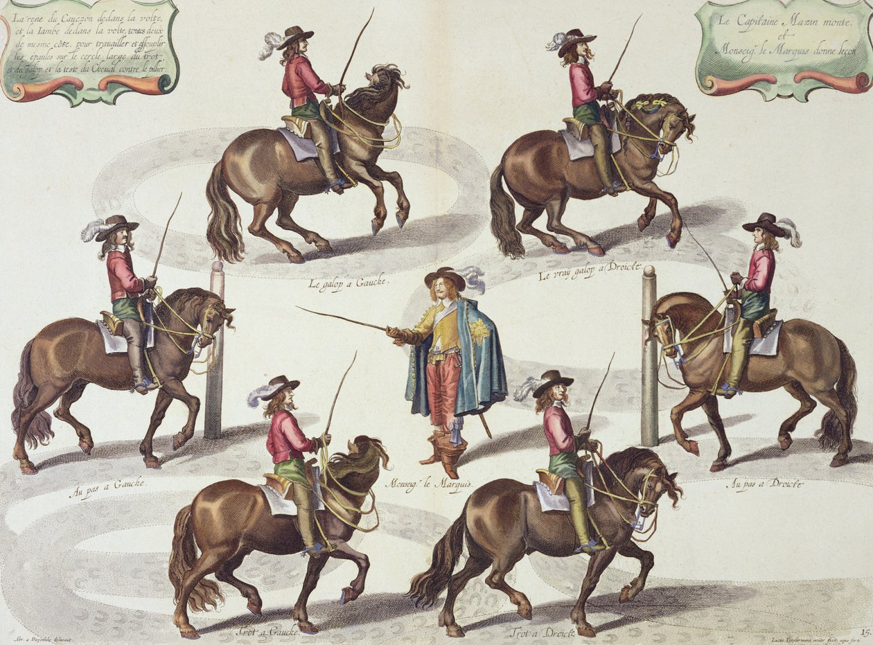 威廉·卡文迪什（1592-1676）纽卡斯尔侯爵，由卢卡斯·沃夫雕刻的纽卡斯尔船长给马兹船长提供骑马课程的第15页，来自The Method and New Invention of Dressing Horses 作者 亚伯拉罕·范·迪彭贝克