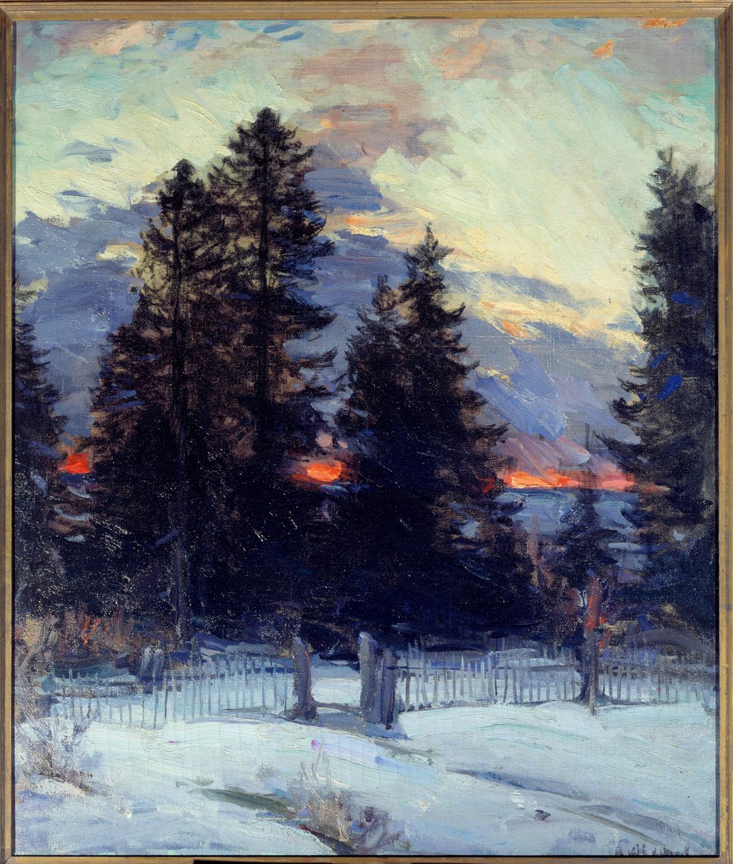 在冬天风景的日落。 Abram Arkhipov 的绘画 (1862 - 1930) Ec。 罗斯。 作者 亚伯兰·埃菲莫维奇·阿尔希波夫