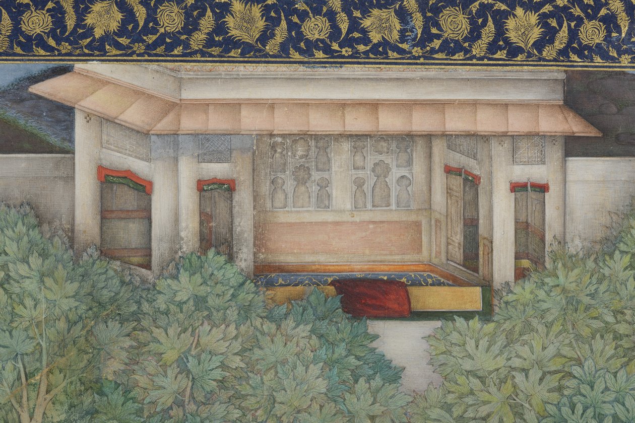 详细信息来自皇帝贾汉吉尔与圣人在花园里，c.1615（不透明的wc和黄金在纸上） 作者 阿布尔·哈桑（Abul Hasan）