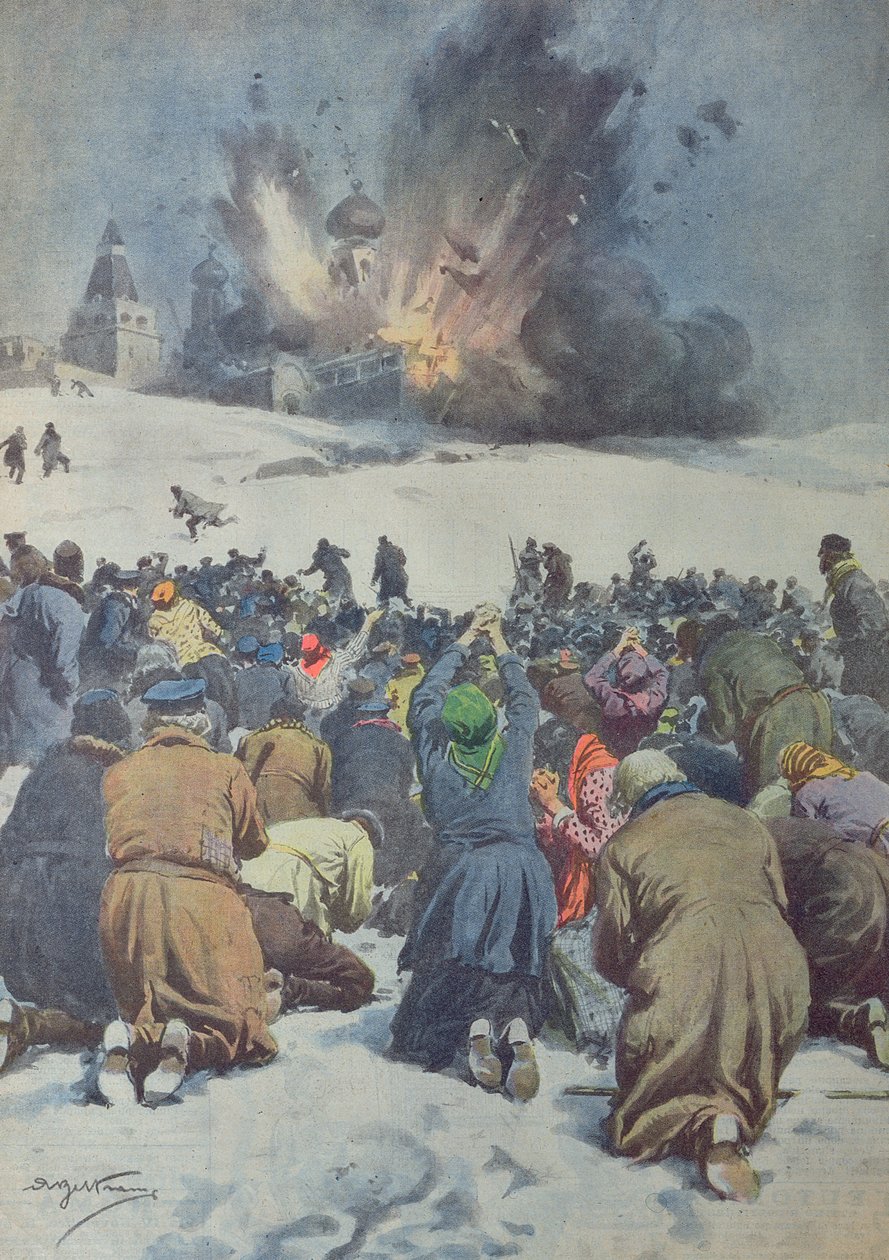 1930年2月9日苏维埃镇毁了一座古老的修道院教堂，并伴随着忠实的哀悼，来自&39;Corriere della Sera&39;的插图 作者 阿基里·贝尔特拉姆（Achille Beltrame）