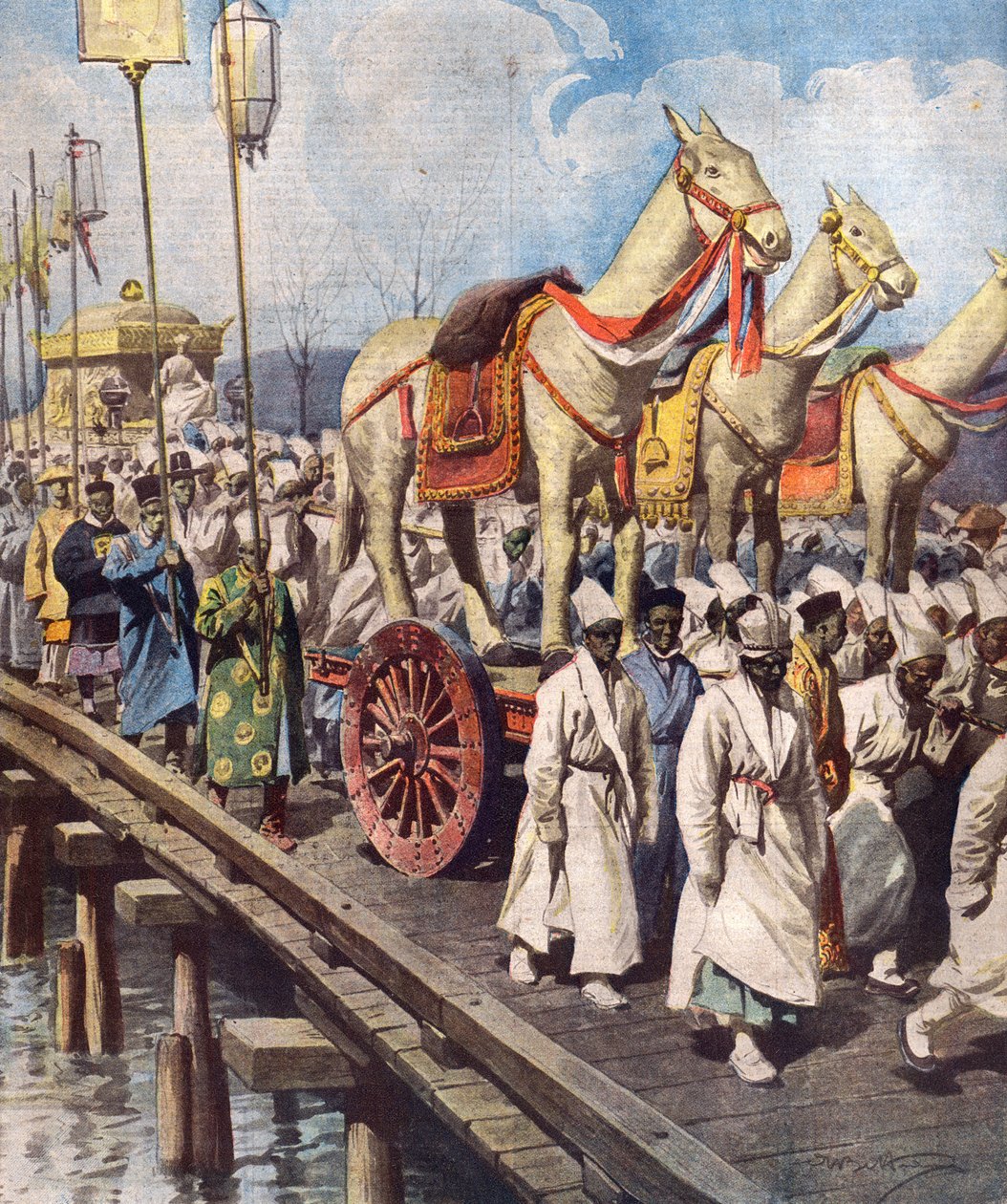 1919年3月，朝鲜帝国光武皇帝的葬礼游行，包括1919年6月1日“La Domenica del Corriere”的插图 作者 阿基里·贝尔特拉姆（Achille Beltrame）