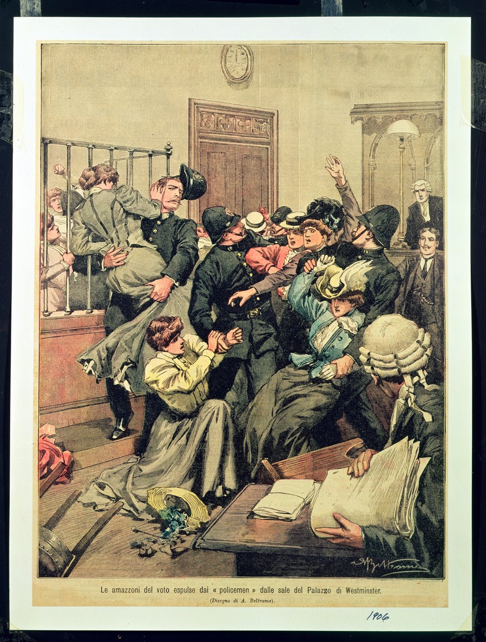 警察从威斯敏斯特宫的一个房间里驱逐Suffragettes（从威斯敏斯特宫的大厅中被“警察”驱逐的投票的亚马逊人），1906年 作者 阿基里·贝尔特拉姆（Achille Beltrame）