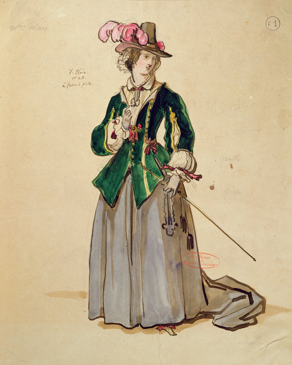 Dona Elvire的服装设计于1847年由Moliere（1622-73）在Comedie Francaise（笔和墨水纸上）制作&39;Don Juan&39; 作者 阿基尔·德维里亚