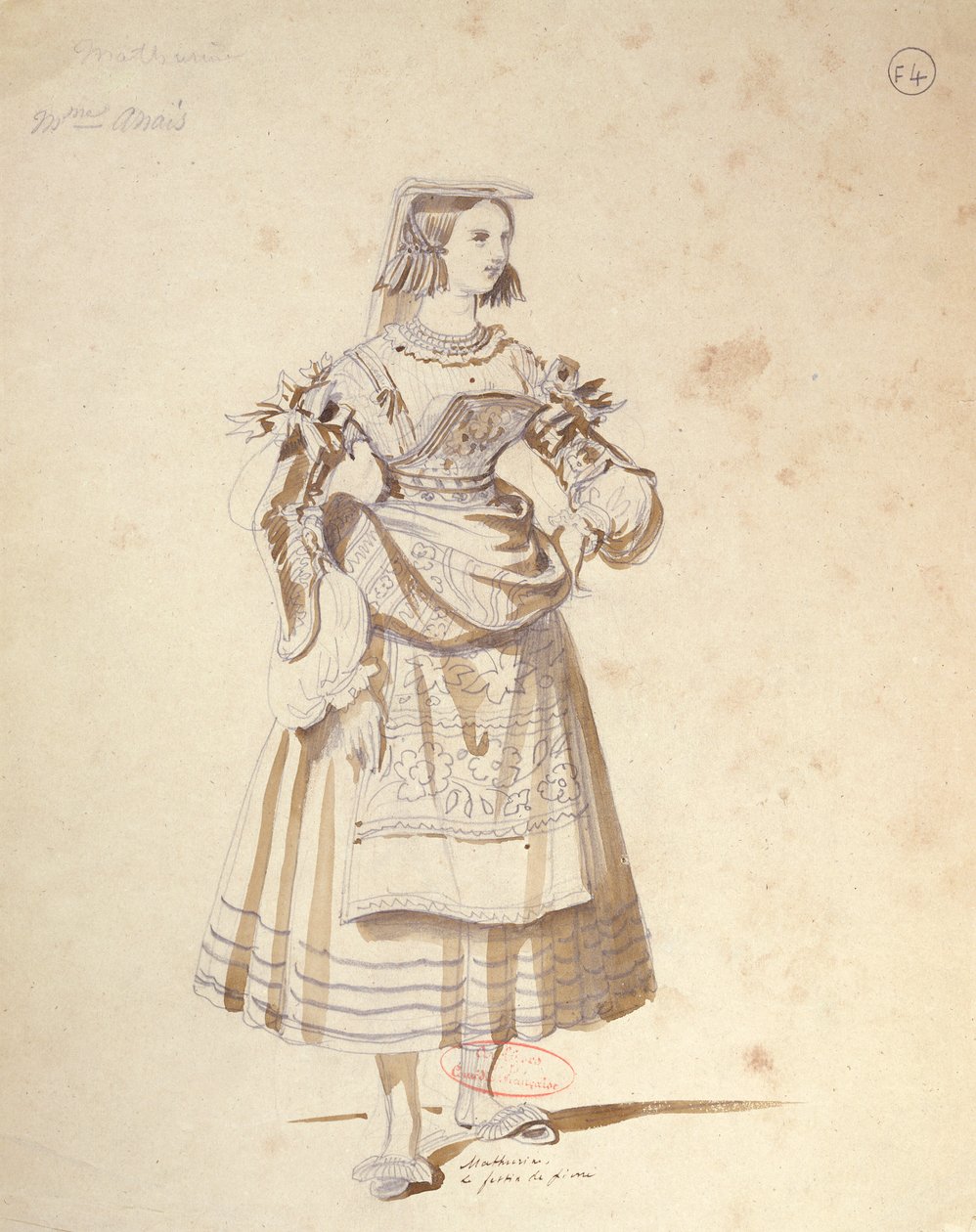 1847年由莫里哀（1622-73）在Comedie Francaise制作的&39;Don Juan&39;制作的&39;Mathurine&39;服装设计（笔墨水和纸上卫生用品） 作者 阿基尔·德维里亚