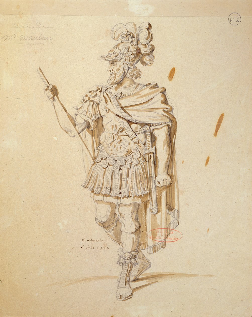 服装设计扮演&39;Le Commandeur&39;在1847年由Moliere在Comedie Francaise制作&39;Don Juan&39;的角色（笔和纸上的水墨） 作者 阿基尔·德维里亚