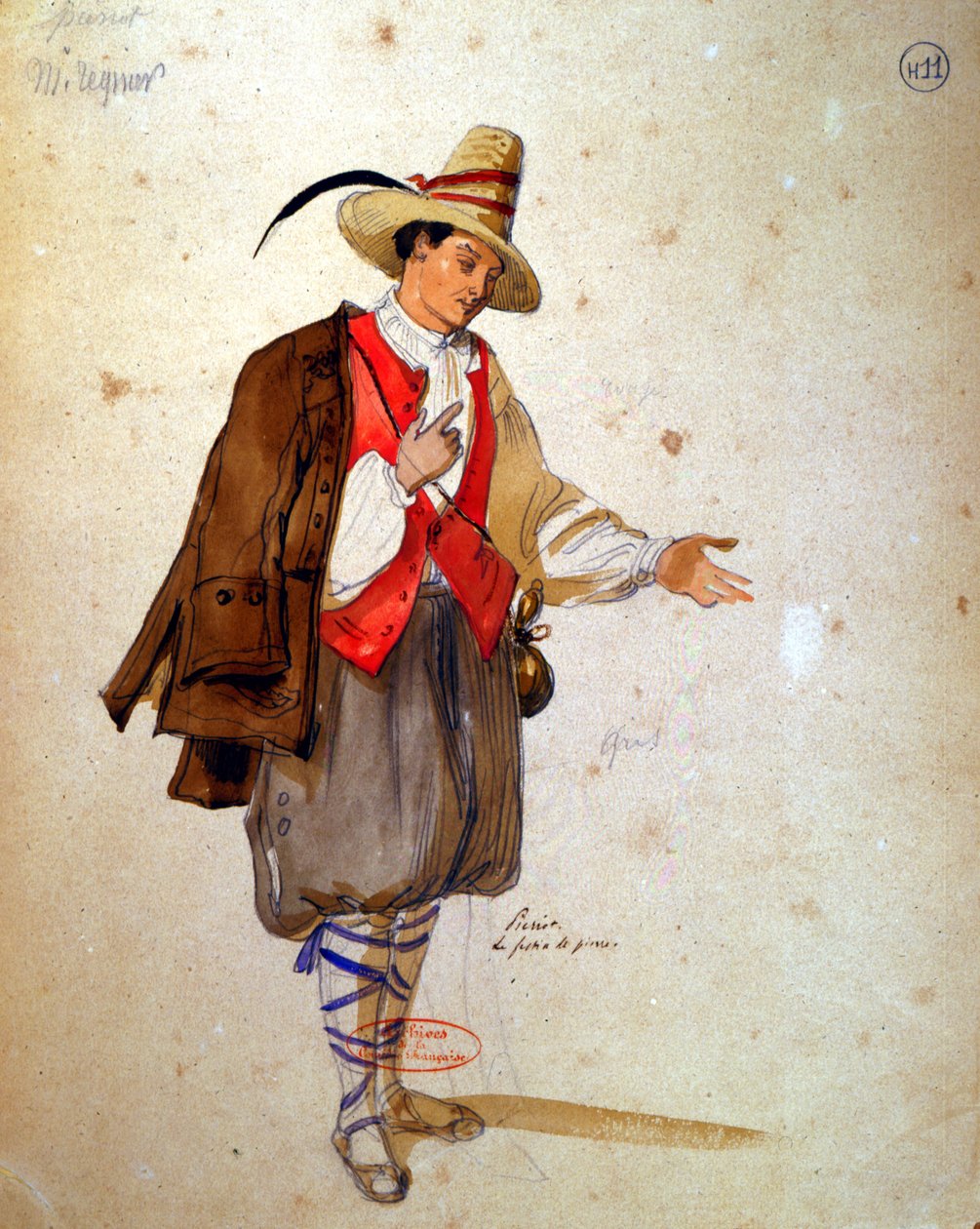 皮埃罗在1847年由莫里哀（1622-73）在Comedie Francaise（纸笔和墨水纸上）制作&39;Don Juan&39;的角色设计服装设计 作者 阿基尔·德维里亚