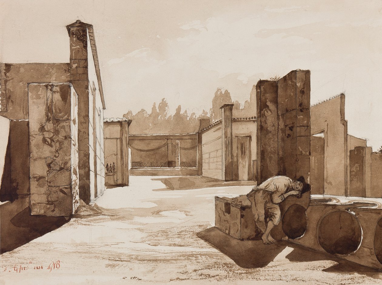 Pompeian视图，由加埃塔诺·玛丽亚·费德里克·迪博尔本王子（1846-1871）加入，1854年（铅笔和棕褐色的纸上洗涤） 作者 阿奇里·维亚尼（Achille Vianelli）