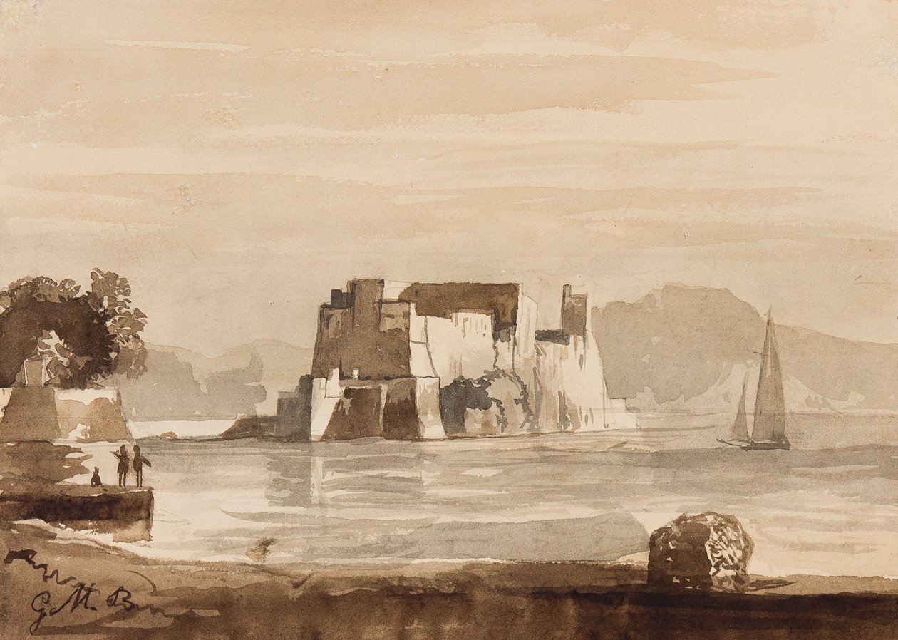 Castel dell&39;Ovo，由Bourbon的Prince Gaetano Maria Federico（1846-1871）添加（铅笔和棕褐色的纸上洗涤） 作者 阿奇里·维亚尼（Achille Vianelli）