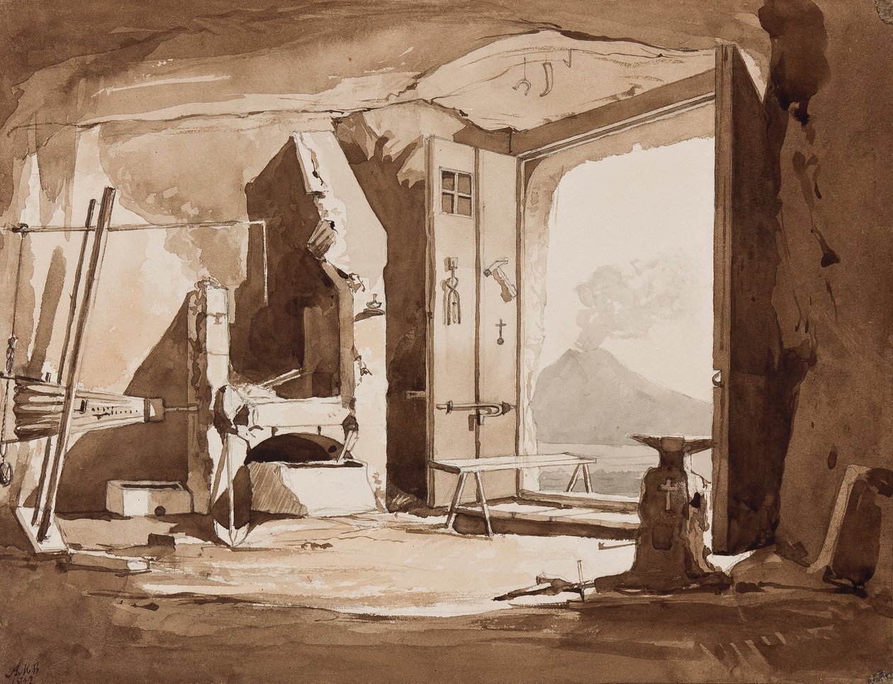 锻造的内部，由阿方索玛丽亚迪博尔伯恩王子（1841-1934），1852年（铅笔和棕褐色的纸上洗）添加 作者 阿奇里·维亚尼（Achille Vianelli）