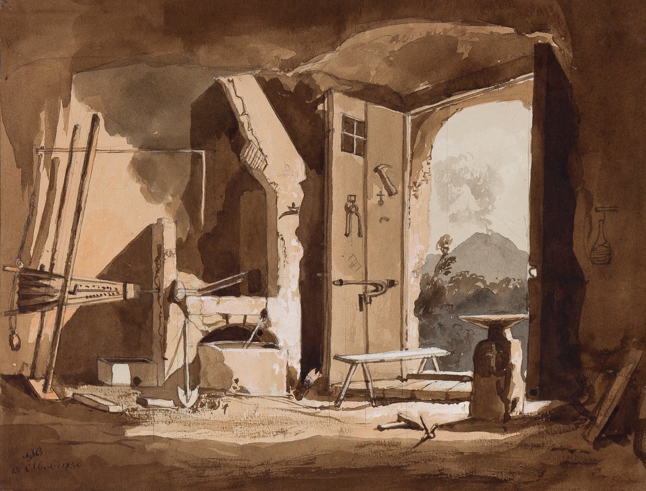 锻造的内部，由加埃塔诺玛丽亚Federico di Borbone王子（1846-1871）添加，1854年（铅笔和棕褐色洗在纸上） 作者 阿奇里·维亚尼（Achille Vianelli）