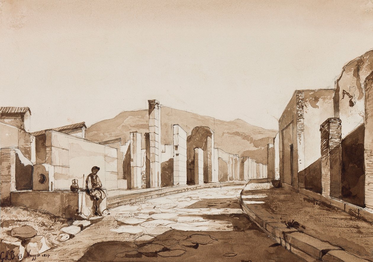 庞贝城，由加埃塔诺·玛丽亚·费德里克·迪博尔伯恩王子（1846-1871）加入，1854年（铅笔和棕褐色的纸上洗） 作者 阿奇里·维亚尼（Achille Vianelli）