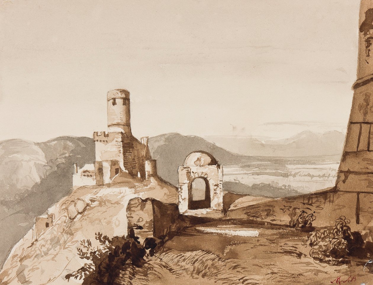 塔楼和城墙，可能在索伦托上方，由Princess Maria Annunziata di Borbone（1843-1871）添加（铅笔和棕褐色洗涤） 作者 阿奇里·维亚尼（Achille Vianelli）