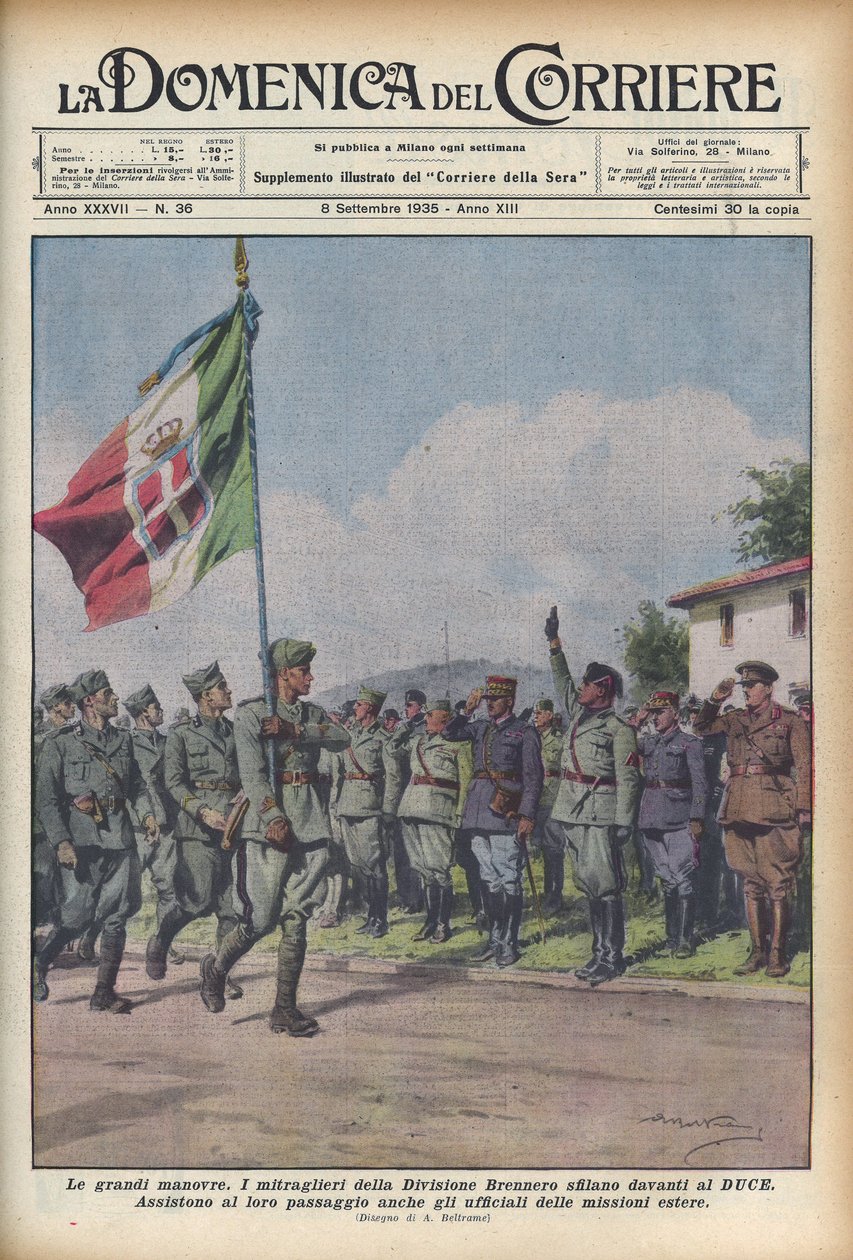 1935年 布伦纳师的机枪手在杜塞面前列队 - DOMENICA DEL CORRIERE - 军事演习。部队在贝尼托-穆索里（Benito Mussoli）"il Duce "面前经过--插图：Achille Beltrame（1871-1945）。 作者 阿基里·贝尔特拉姆（Achille Beltrame）