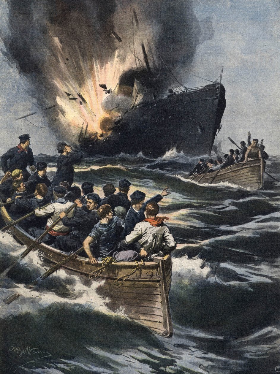 A German steamboat exploded between Sicily and the Tunisian coast. The crew had time to move away aboard boats. Ill. de Beltrame. La Domenica del Corriere. 06/1909. 作者 阿基里·贝尔特拉姆（Achille Beltrame）