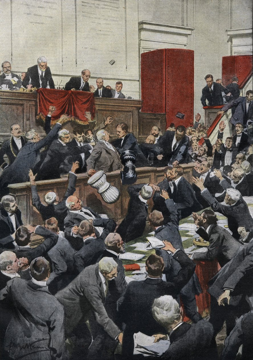 A stormy sitting in the Italian Chamber of Deputies during a budget debate. MP Chiesa suspends the vote by throwing the ballot box. “La Domenica del Corriere” 作者 阿基里·贝尔特拉姆（Achille Beltrame）
