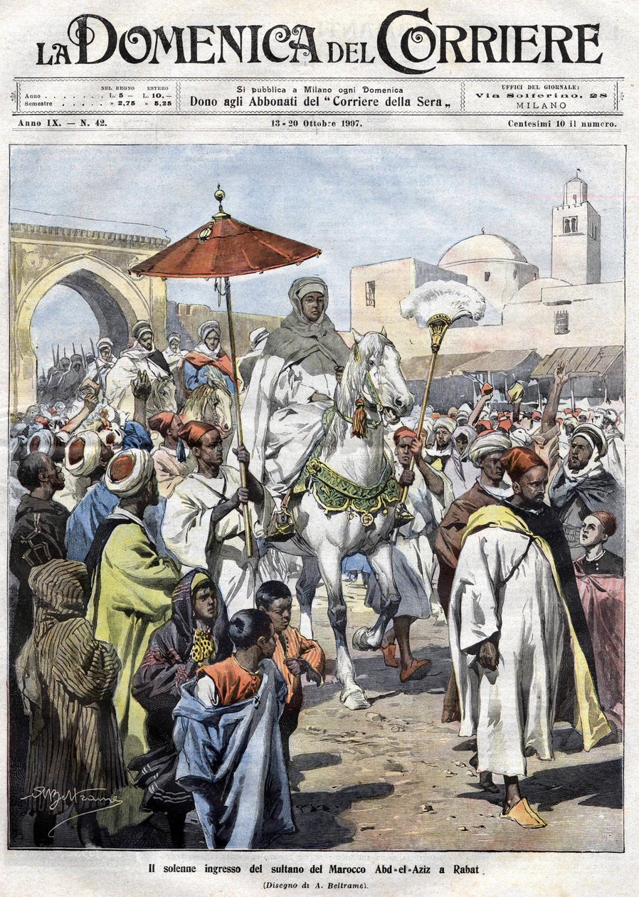 阿卜杜勒-阿齐兹（al-Hasan Mohamed al-Hasani al-Alaoui）于1907年10月进入摩洛哥的拉巴特（马拉喀什 作者 阿基里·贝尔特拉姆（Achille Beltrame）