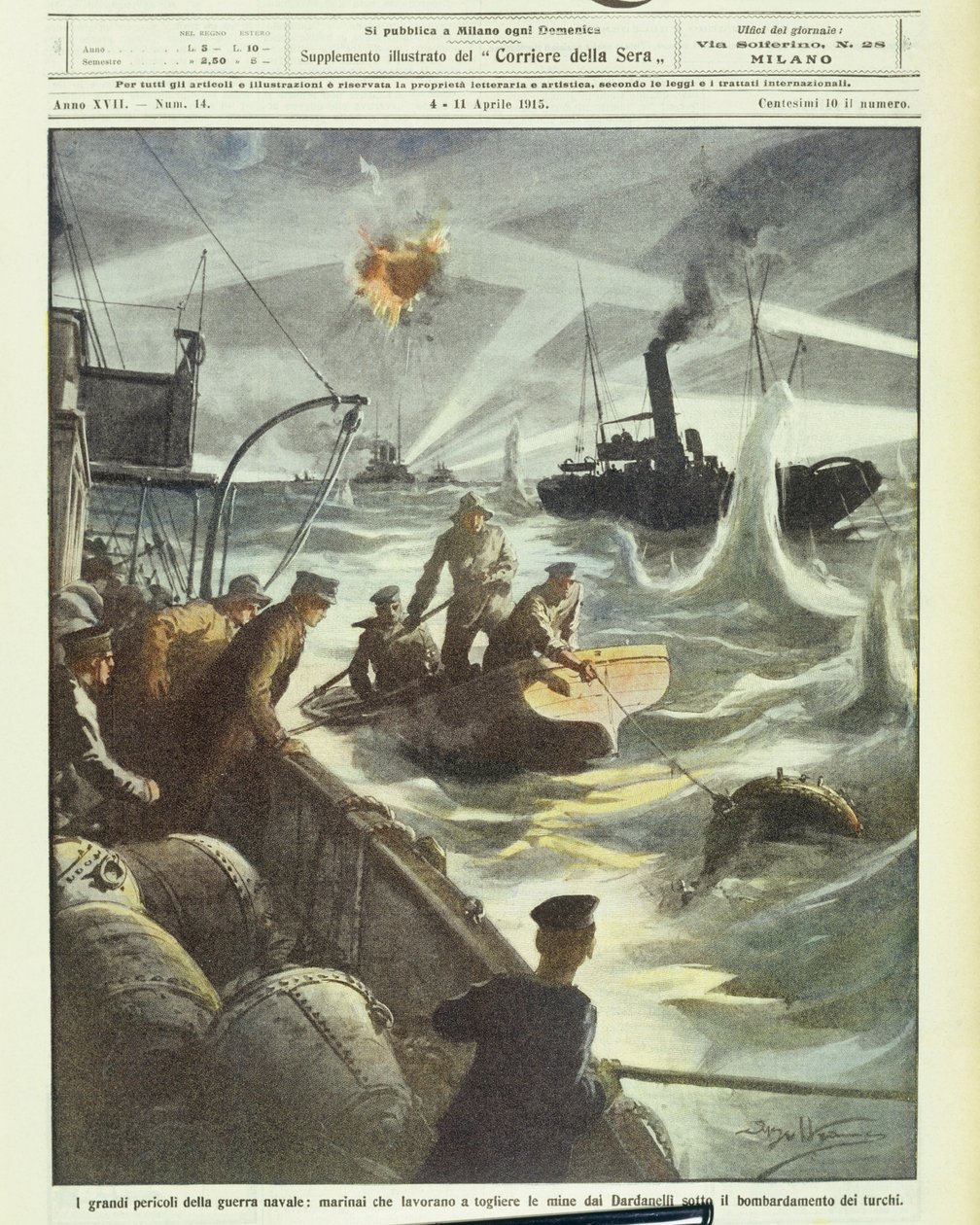 1914 年至 1918 年第一次世界大战期间，盟军海员试图在土耳其炮火下拆除地雷（石版画） 作者 阿基里·贝尔特拉姆（Achille Beltrame）