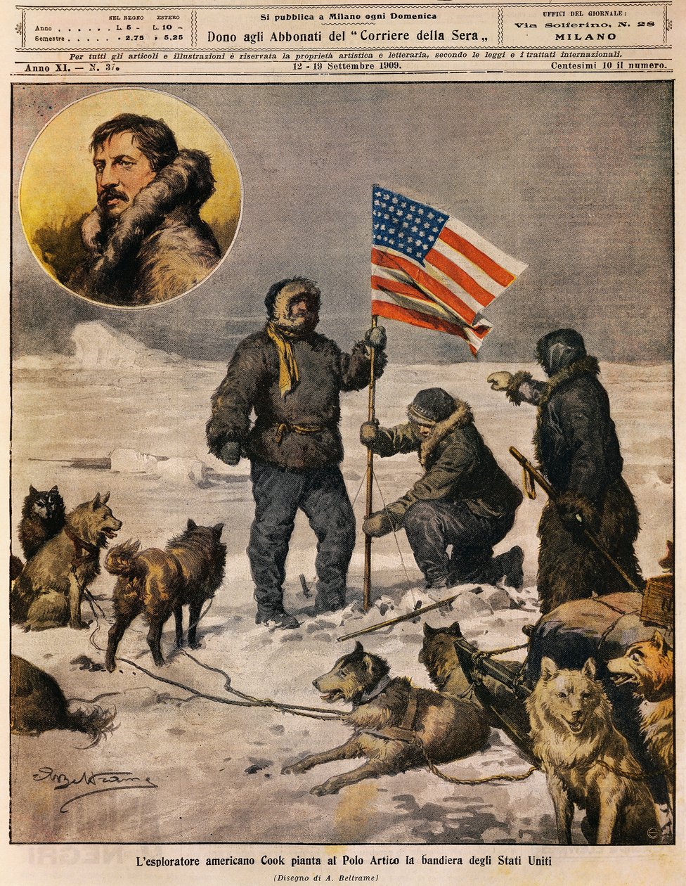 美国探险家库克在北极插上美国国旗，由Achille Beltrame（1871-1945）绘制的插图，来自La Domenica del Corriere，9月12日 作者 阿基里·贝尔特拉姆（Achille Beltrame）