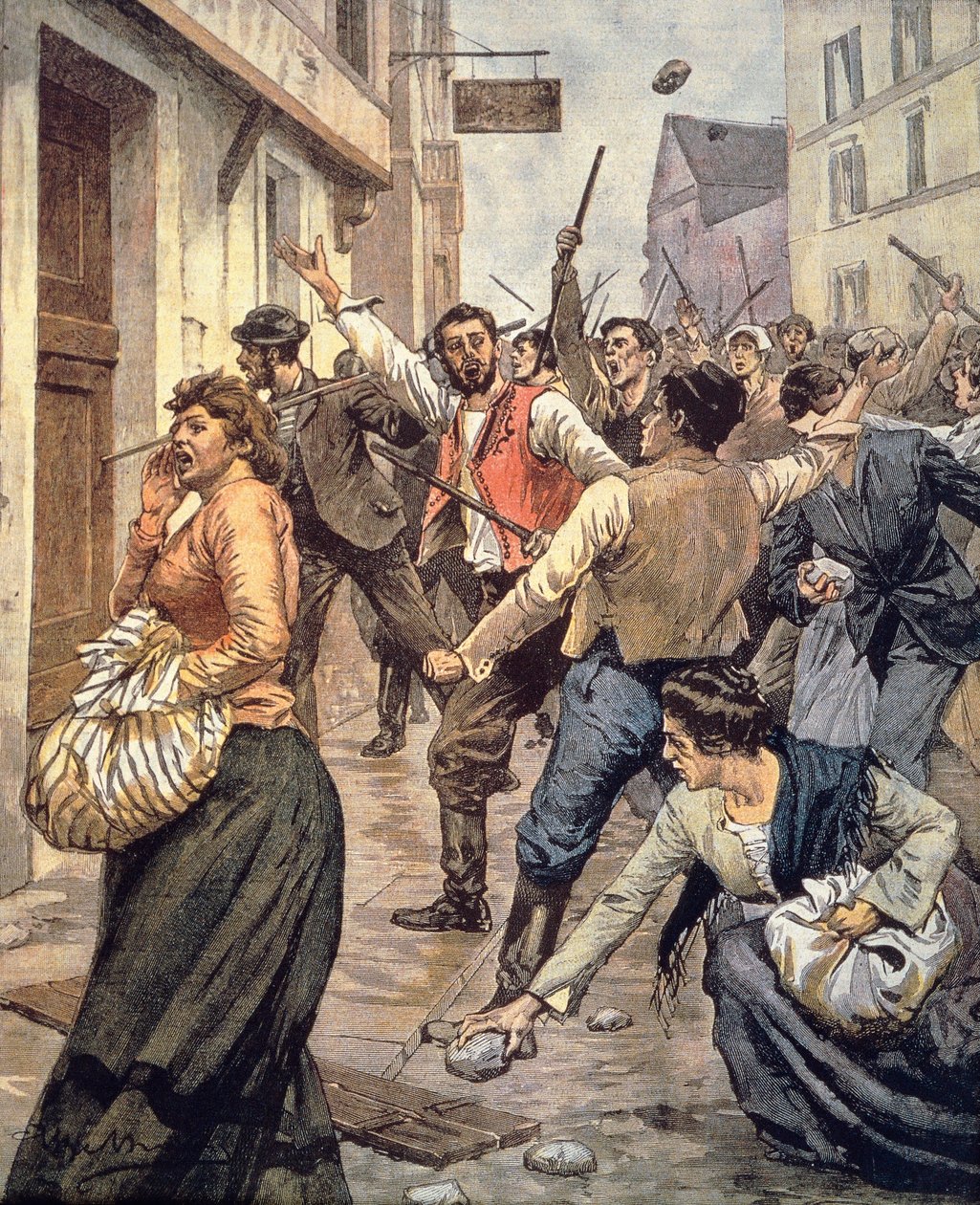 摩拉维亚的反犹骚乱，Achille Beltrame（1871-1945 年），摘自 11 月 12 日 La domenica del Corriere 报 作者 阿基里·贝尔特拉姆（Achille Beltrame）