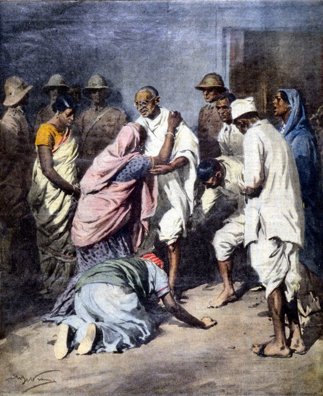 圣雄甘地（1869-1948）被逮捕。阿奇尔-贝尔特拉姆的作品。La Domenica del Corriere.1932 作者 阿基里·贝尔特拉姆（Achille Beltrame）