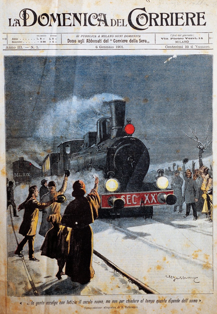 新世纪的到来，人们欢欣鼓舞地迎接新世纪的到来，Achille Beltrame（1871-1945）的插图，来自《La Domenica del Corriere》，1月6日 作者 阿基里·贝尔特拉姆（Achille Beltrame）