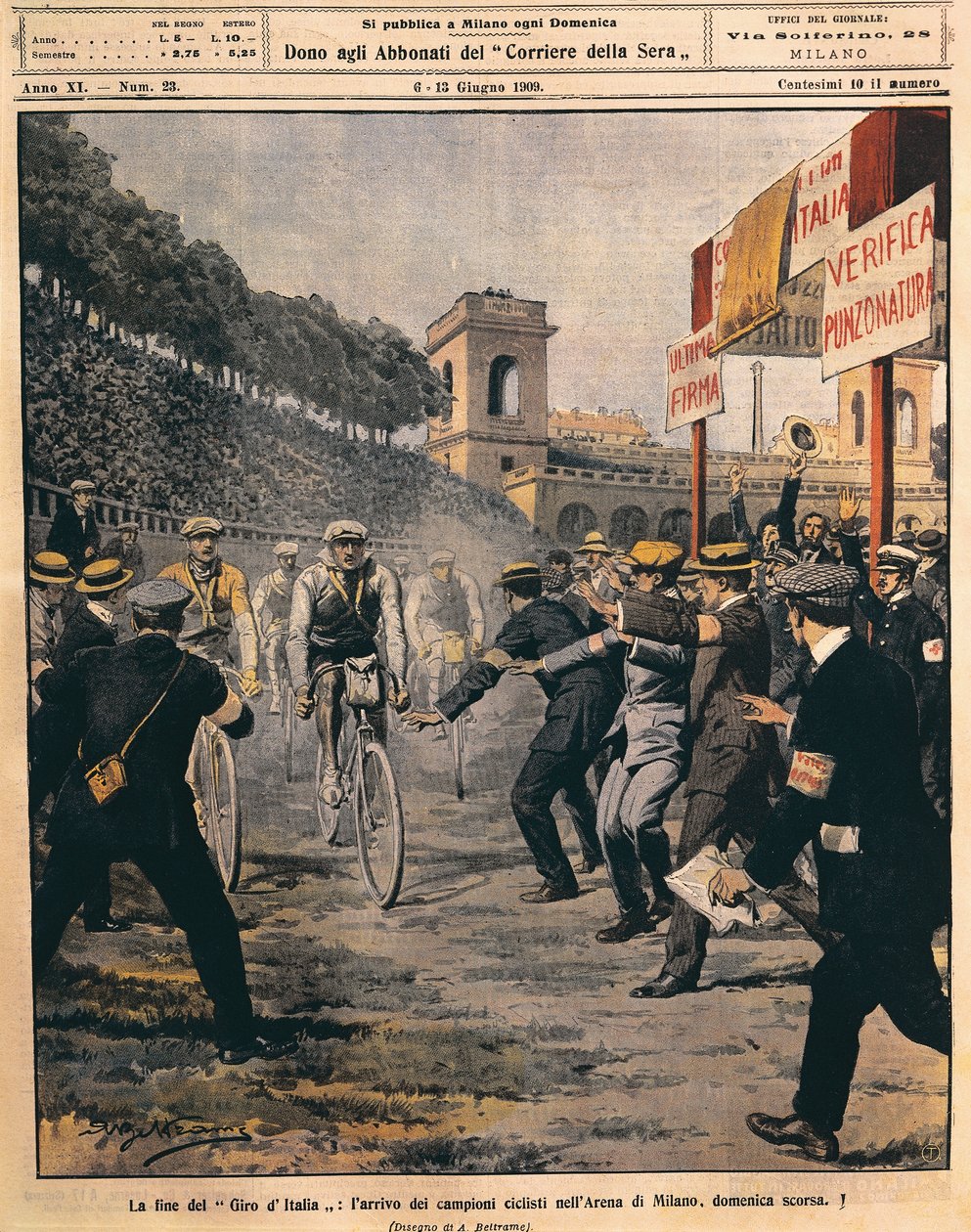 环意赛结束后，冠军Luigi Ganna抵达米兰的Arena，Achille Beltrame的插图来自La Domenica del Corriere，6月6日 作者 阿基里·贝尔特拉姆（Achille Beltrame）