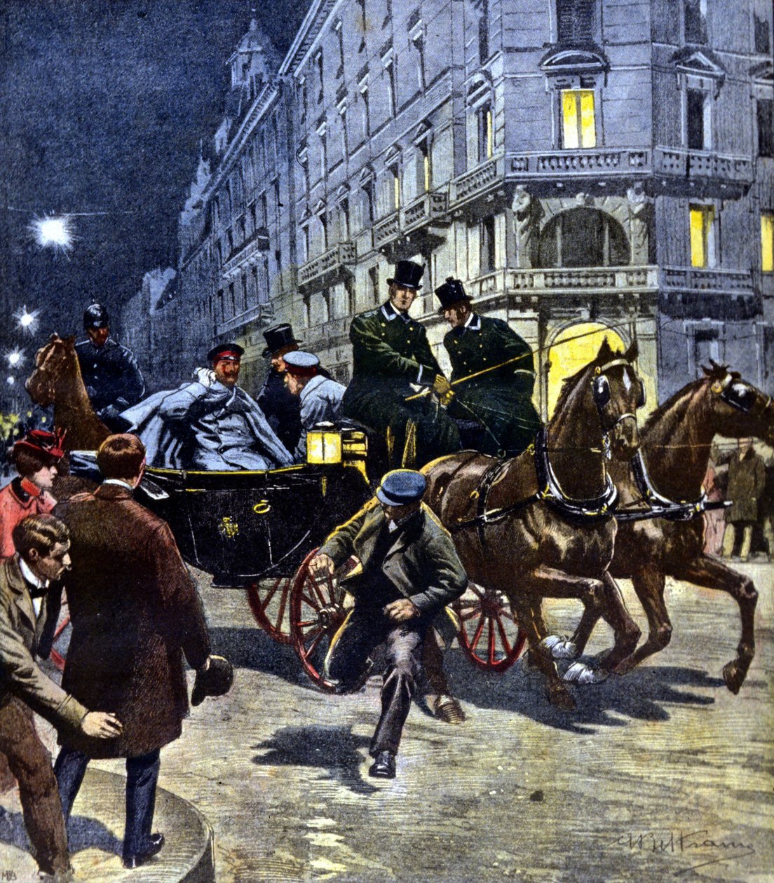 1901年3月6日晚，德国皇帝威廉二世（1859年-1941年）在乘坐马车前往不来梅车站时遭到攻击。插图：Beltrame。La Domenica del corriere.17/06/1901. 作者 阿基里·贝尔特拉姆（Achille Beltrame）