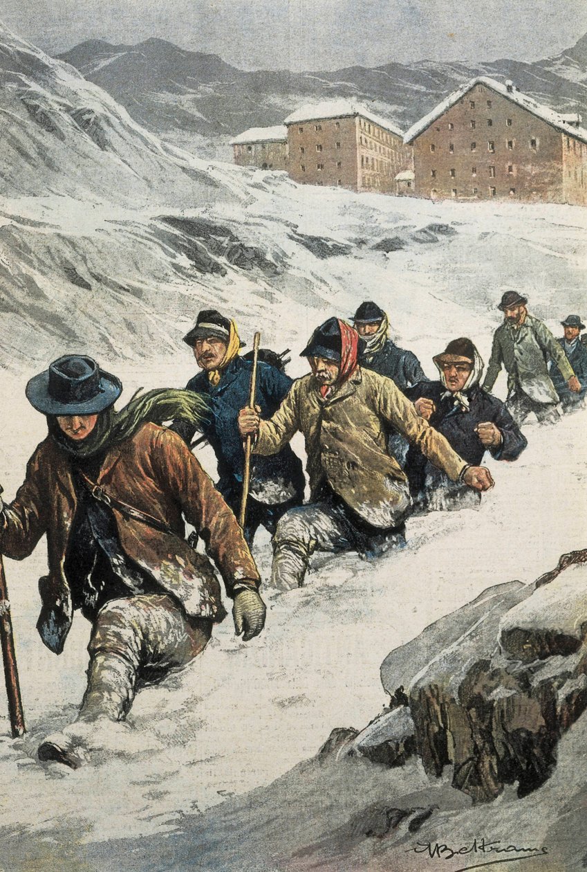 贝尔特梅，阿基里斯（1871-1945）。意大利工人穿越奥斯塔和瑞士之间的圣伯纳德山口。"La Domenica del Corriere "的封面。02/14/1904.文学作品。 作者 阿基里·贝尔特拉姆（Achille Beltrame）