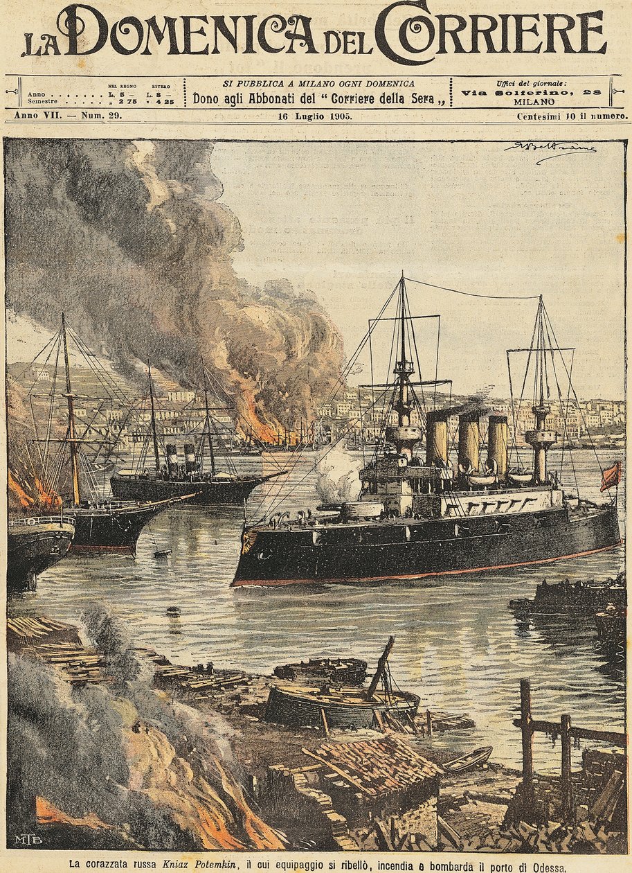 轰炸敖德萨的波坦金号战舰，由Achille Beltrame创作，插画师Achille Beltrame（1871-1945），来自La Domenica del Corriere。 作者 阿基里·贝尔特拉姆（Achille Beltrame）