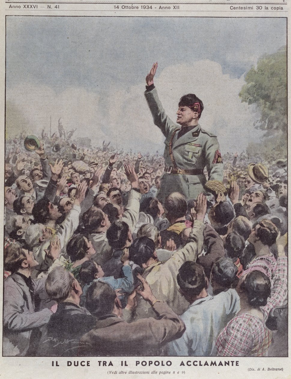 贝尼托·墨索里尼（1883-1945）受人民的欢迎，来自&39;La Domenica del Corriere&39;，1934年10月14日 作者 阿基里·贝尔特拉姆（Achille Beltrame）