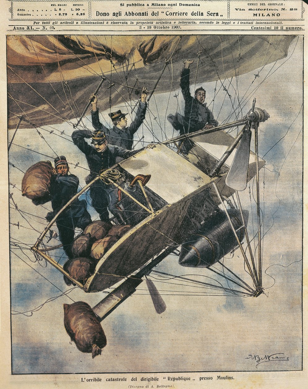 共和国号飞艇在法国Moulins附近发生的灾难，Achille Beltrame的插图，来自La Domenica del Corriere，10月3-10日 作者 阿基里·贝尔特拉姆（Achille Beltrame）