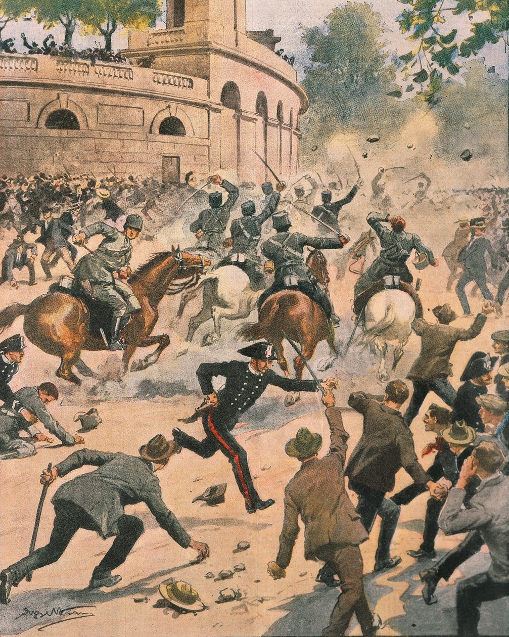 米兰大罢工期间竞技场前的冲突，Achille Beltrame的插图来自La Domenica del Corriere，1914年6月 作者 阿基里·贝尔特拉姆（Achille Beltrame）