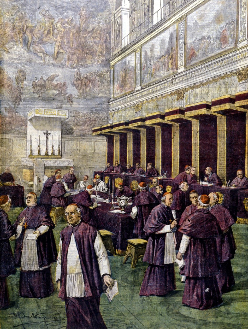 在西斯廷教堂举行的选举新教皇的会议。插图：Beltrame。La Domenica del corriere.1903. 作者 阿基里·贝尔特拉姆（Achille Beltrame）