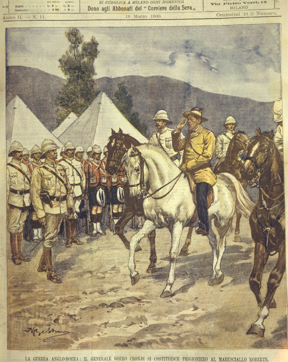 1850-1902年英祖鲁和英波战争期间，克朗杰将军向罗伯茨元帅投降的封面插图 作者 阿基里·贝尔特拉姆（Achille Beltrame）