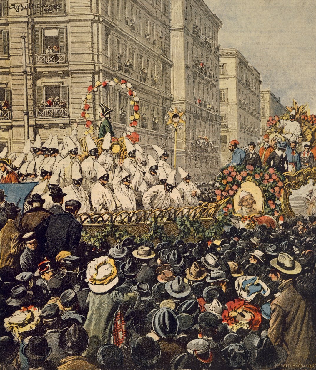 Crowds during carnival in Naples, by Achille Beltrame, illustration, Illustrator Achille Beltrame (1871-1945), from La Domenica del Corriere, 31st January 1904 作者 阿基里·贝尔特拉姆（Achille Beltrame）