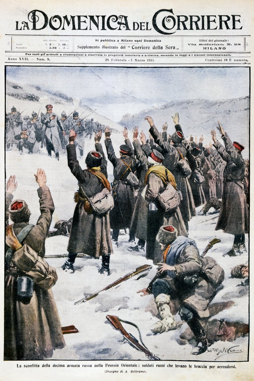 在东普鲁士的第十支俄军的失败。俄国士兵举臂投降，Achille Beltrame(1871-1945)的画板，来自La Domenica del Corriere，1915年2月28日至3月7日 作者 阿基里·贝尔特拉姆（Achille Beltrame）