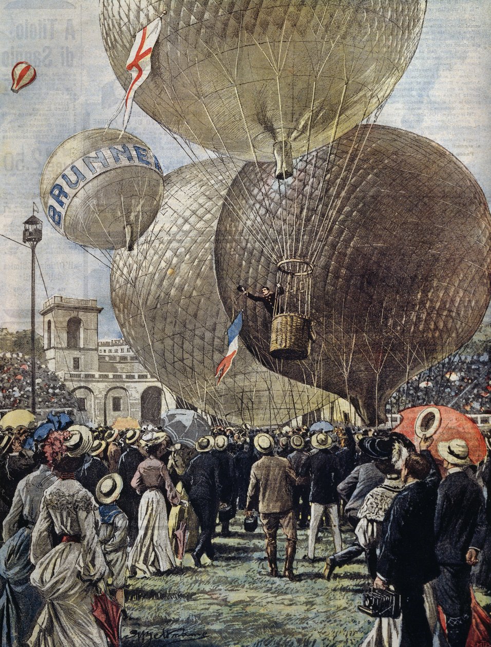 米兰航展上的热气球出发，Achille Beltrame的插图来自La Domenica del Corriere，6月19日 作者 阿基里·贝尔特拉姆（Achille Beltrame）
