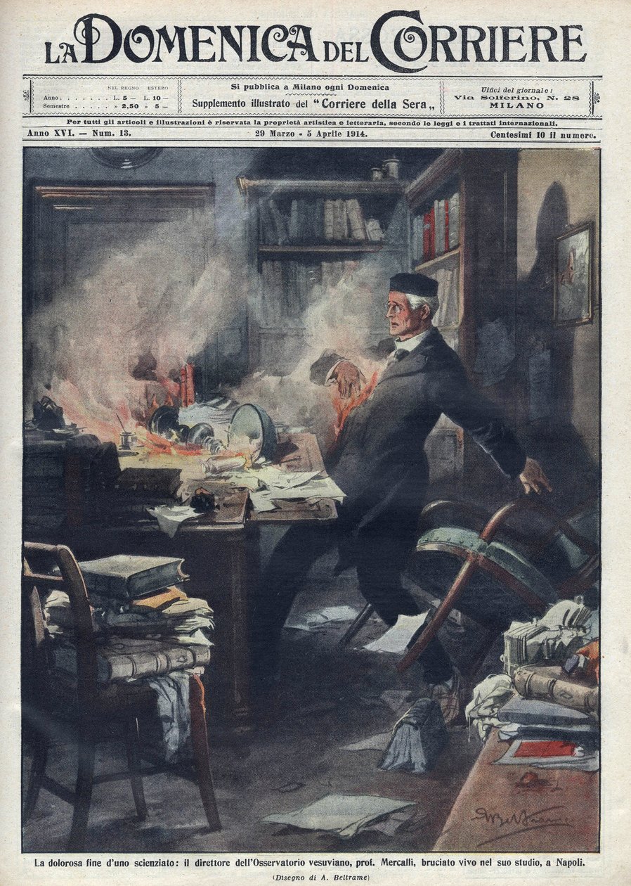 朱塞佩-麦卡利（Giuseppe Mercalli）（1850 -1914）在那不勒斯的实验室里去世，意大利地震学和火山学家。Achille Beltrame为 "La domenica del corriere "所作的插图。1914. 作者 阿基里·贝尔特拉姆（Achille Beltrame）