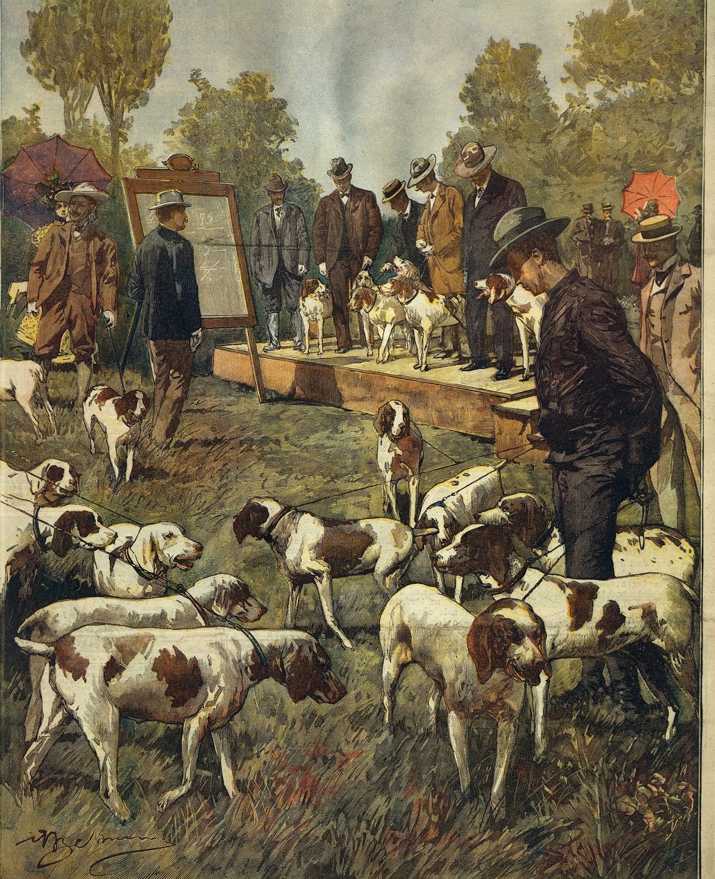 在圣西罗（米兰）举行的狗展和猎犬野外试验，作者是Achille Beltrame（1871-1945），来自La Domenica del Corriere，1899年7月2日 作者 阿基里·贝尔特拉姆（Achille Beltrame）