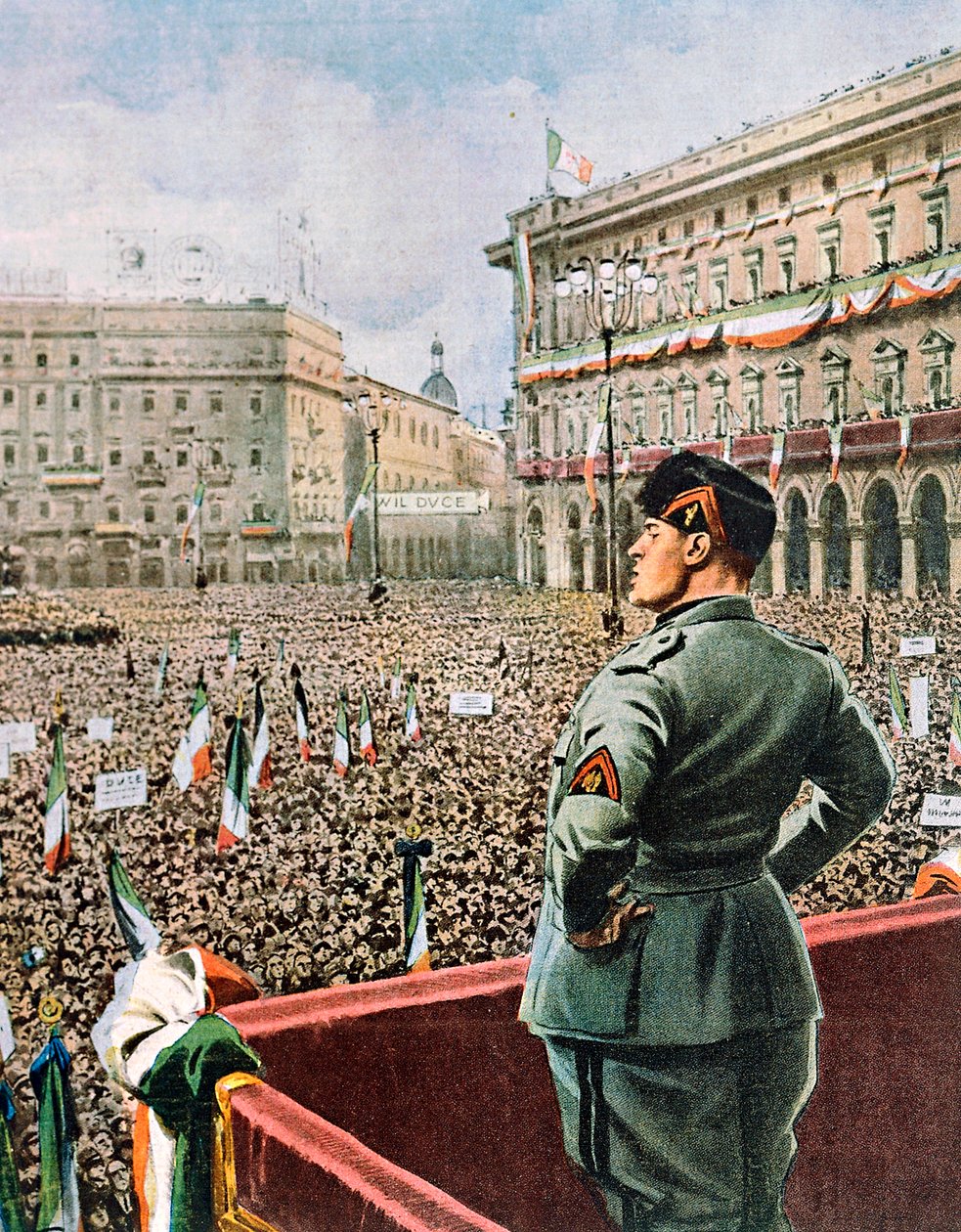 杜斯在米兰大教堂广场的演讲，作者：Achille Beltrame（1871-1945），出自 La Domenica del Corriere，1930 年 5 月 作者 阿基里·贝尔特拉姆（Achille Beltrame）