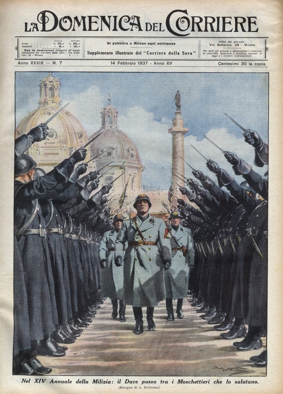 贝尼托-墨索里尼公爵在罗马审查国家安全志愿者民兵的 "moschettieri"。1937年2月14日 "La domenica del corriere "中Achille Beltrame的插图。 作者 阿基里·贝尔特拉姆（Achille Beltrame）