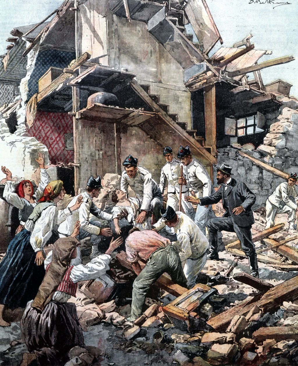 1908年12月28日在雷焦（卡拉布里亚）发生的地震。士兵们正在废墟中寻找地震受害者。Beltrame的插图。 作者 阿基里·贝尔特拉姆（Achille Beltrame）